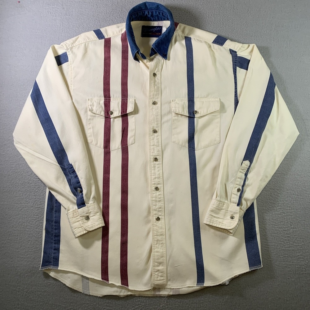 Vintage Wrangler X-Long Tails Striped Denim Collared 16/34 Western Shirt Blue XL